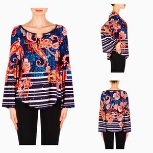 JOSEPH RIBKOFF
Multi/Midnight Blue, Red, Black Paisley and floral Top size 6